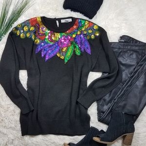 Victoria Harbour Black knit sweater Floral Sequin